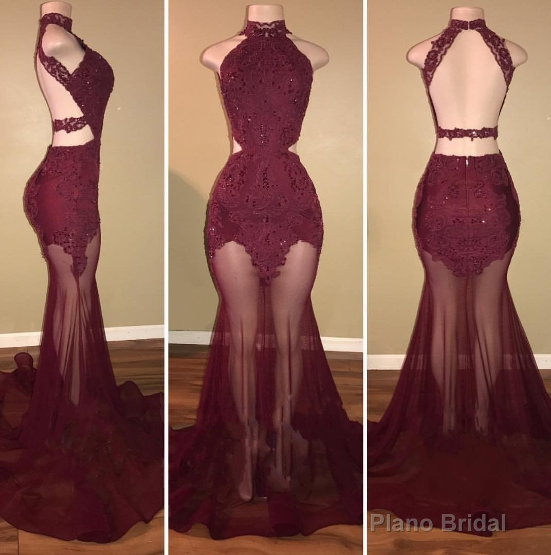 Burgundy Mermaid See Through Backless Tulle African Prom Dresses