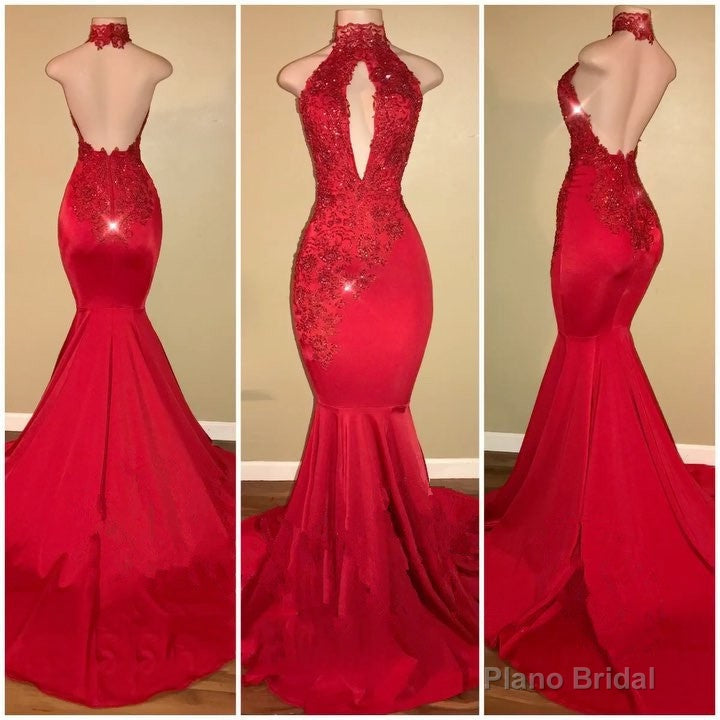 Sexy Mermaid Red High Neck Backless African Open Front Long Prom Dresses