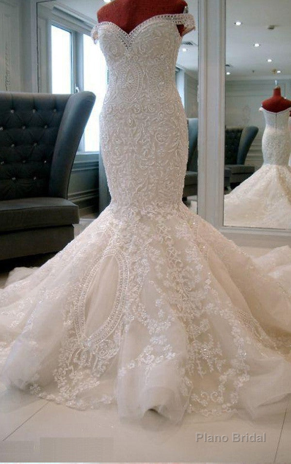 Mermaid Satin Off Shoulder Chapel Train Wedding Dresses Main image