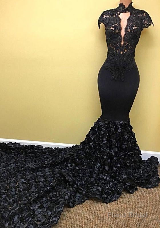 Sexy Mermaid Black High Neck Key Hole Rose Capped Sleeves Long Prom Dresses Main image