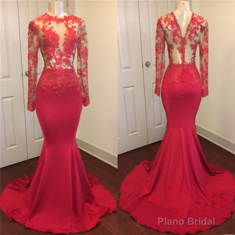 Sexy Mermaid Red See Through Zipper Long Sleeves Long African Prom Dresses Main image
