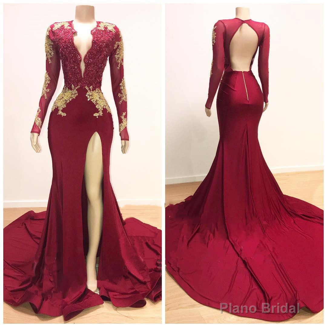 2025 Sheath Long Sleeves Burgundy and Gold Appliques Side Slit Deep V Neck African American Backless Prom Dresses Main image