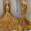 2025 Sexy Mermaid Gold V Neck Backless Long Sleeves Sequence African American Prom Dresses