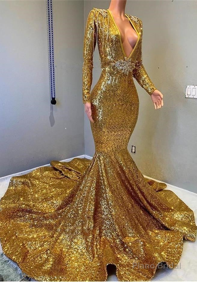 2025 Sexy Mermaid Gold V Neck Backless Long Sleeves Sequence African American Prom Dresses Secondary image