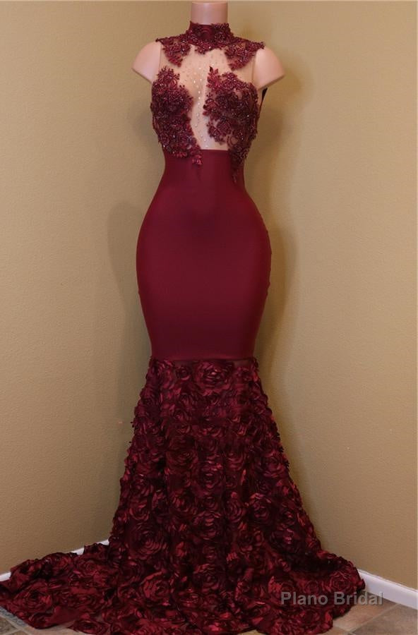 2025 New Arrival Mermaid Burgundy High Neck Rose Ruffles Sleeveless Long African American Prom Dress Main image