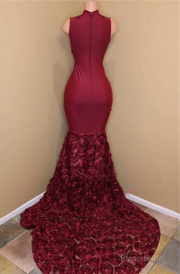 2025 New Arrival Mermaid Burgundy High Neck Rose Ruffles Sleeveless Long African American Prom Dress