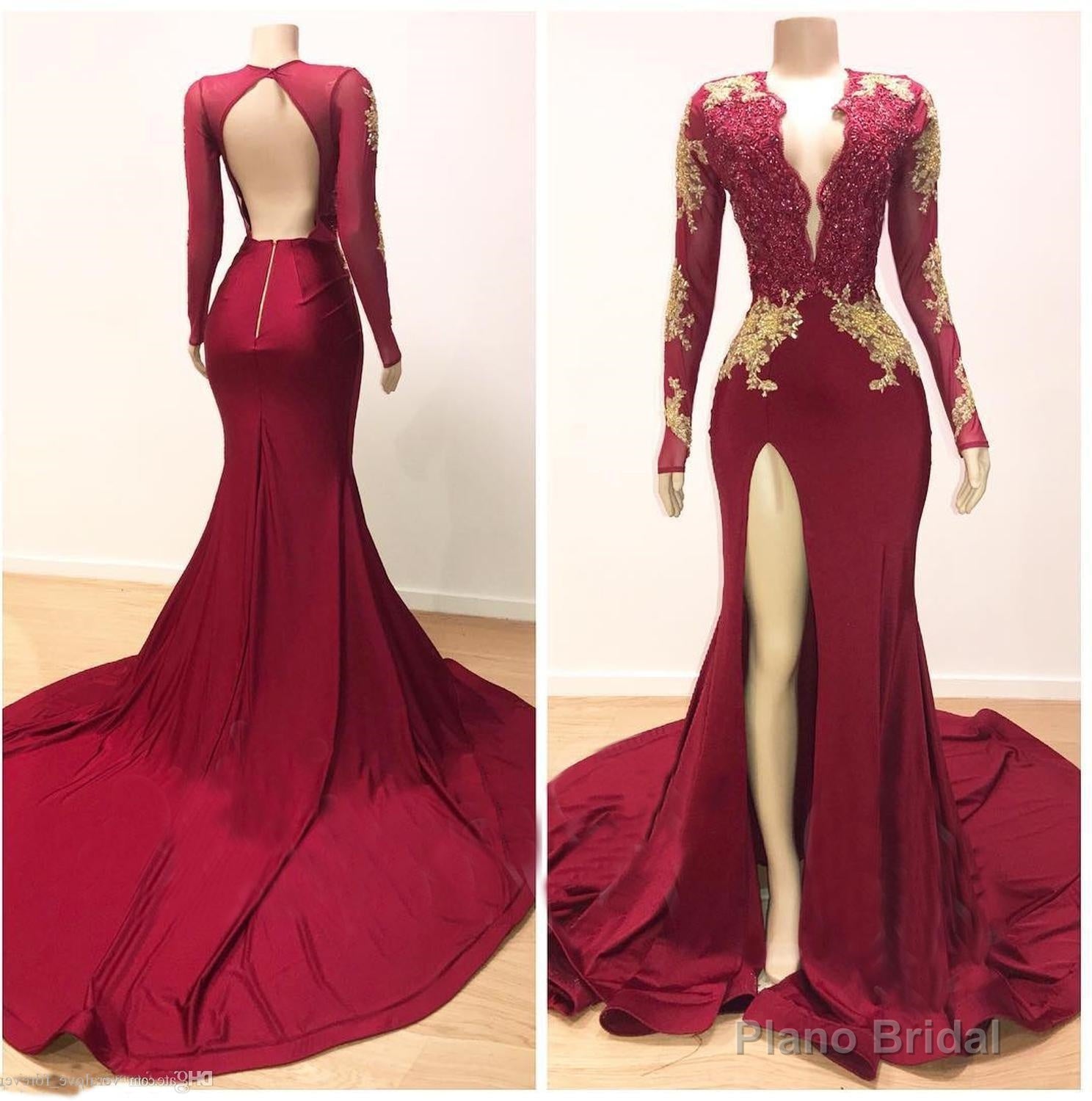 Sexy Sheath Burgundy And Gold Appliques Long Sleeves Side Slit V Neck Prom Dress 2025 Main image