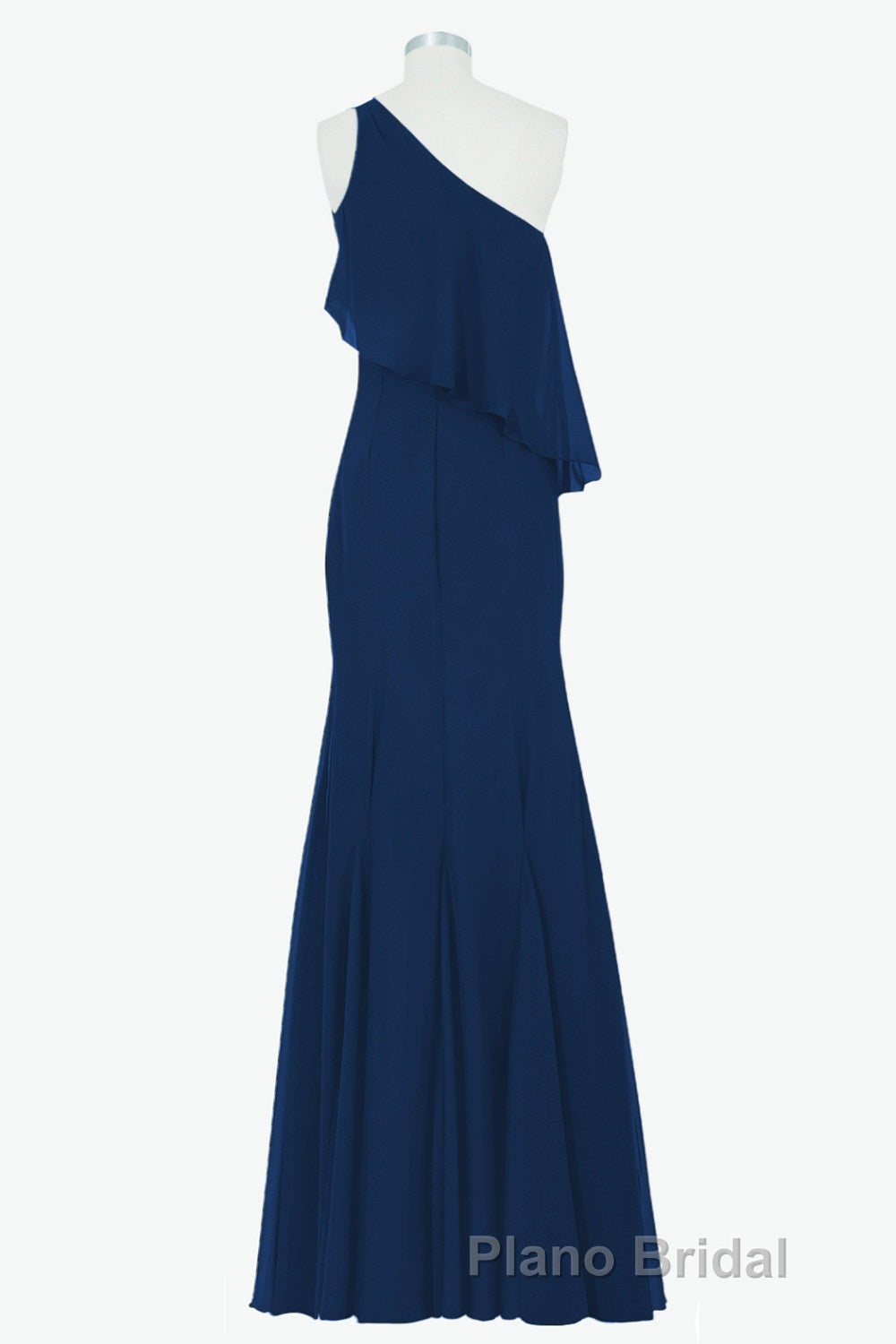 One Shoulder Navy Blue Flounce Mermaid Long Bridesmaid Dresses