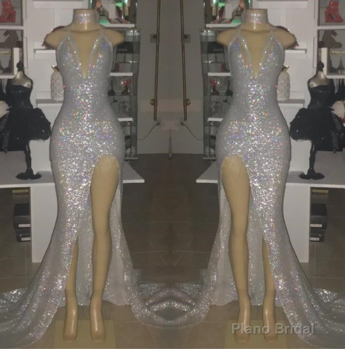2025 Sexy Silver Halter V-neck Side Split Sequins Prom Dresses