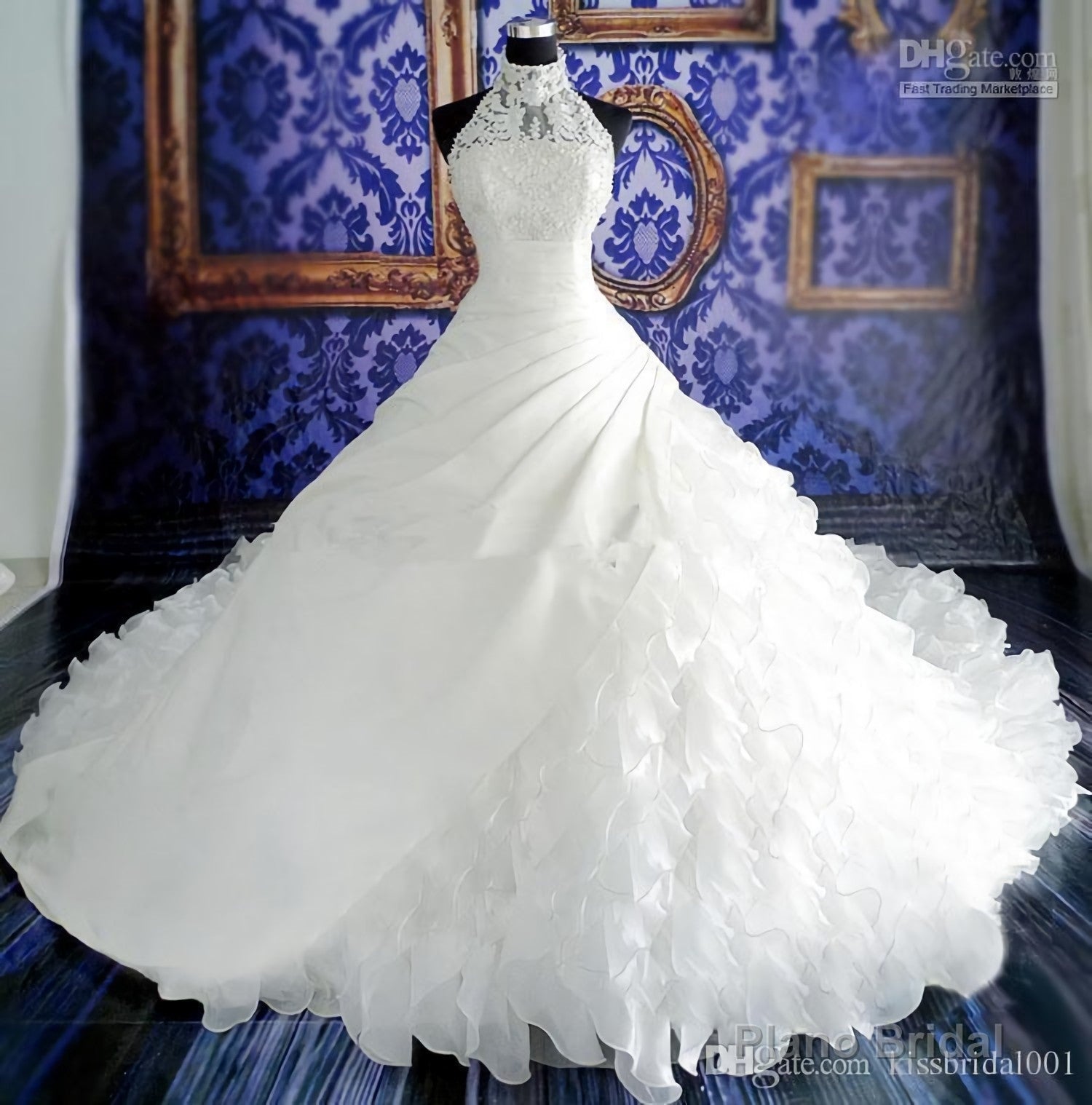 Ruching Tiers Sheer High Neck Sleeveless Lace Applique Backless Wedding Dresses Main image