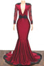 2025 Elegant Mermaid/Trumpet V Neck Long Sleeve Applique Beaded Backless Satin Prom Dresses
