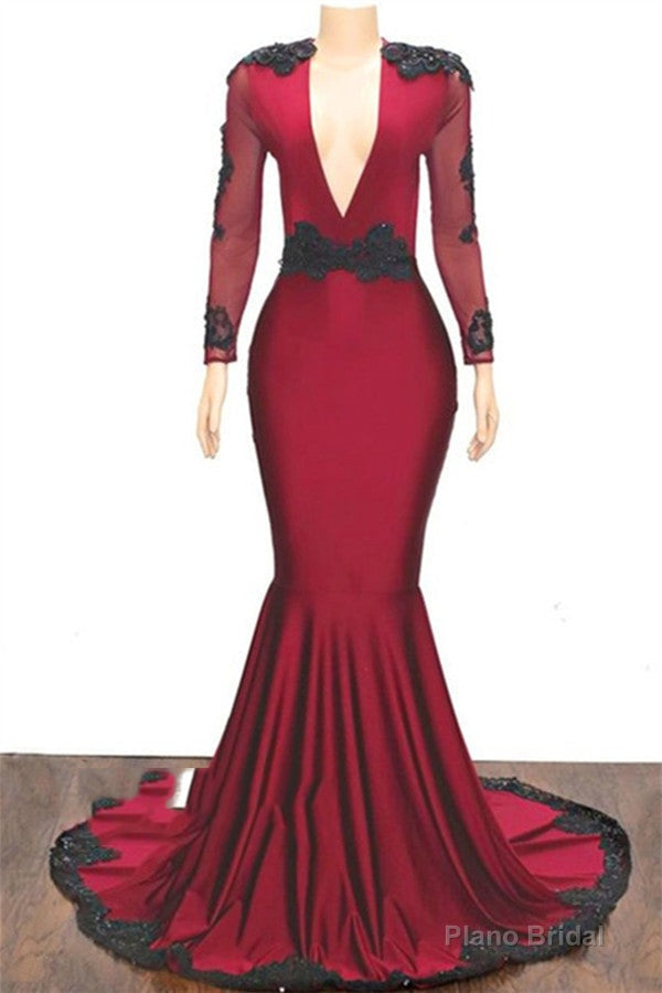 2025 Elegant Mermaid/Trumpet V Neck Long Sleeve Applique Beaded Backless Satin Prom Dresses Main image
