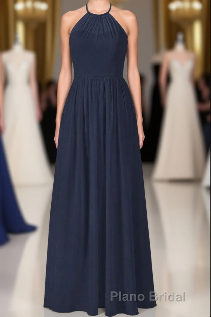 Elegant Navy Blue Chiffon A-line Long Bridesmaid Dresses Main image