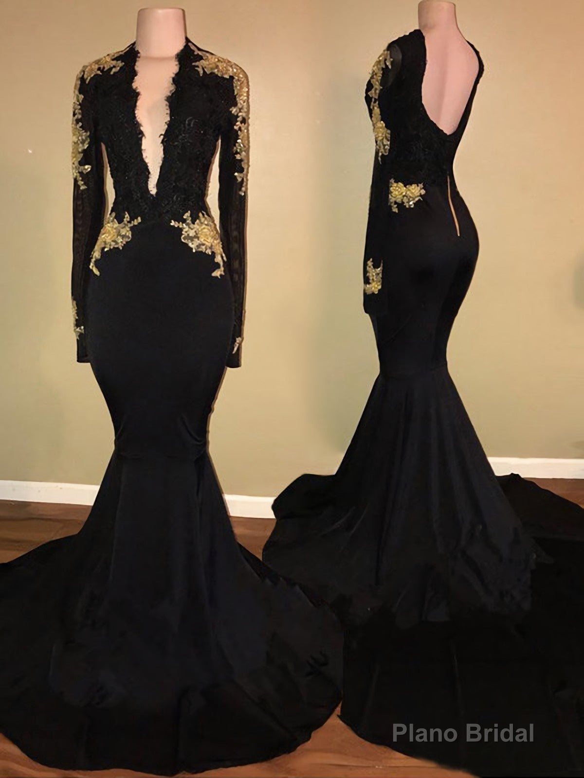 Deep V Neck Backless Long Sleeve Satin Black Mermaid Appliques 2025 Prom Dresses