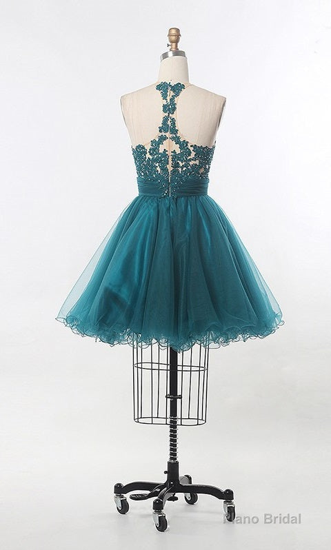 A Line Scoop Sleeveless Sheer Appliques Tulle Pleated Ruched Backless Homecoming Dresses Secondary image
