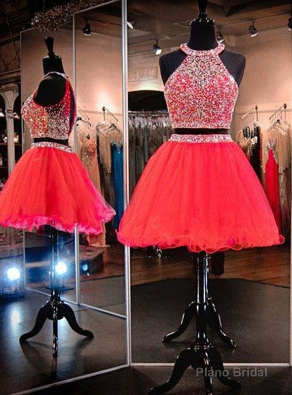 Sleeveless Two Pieces A line Pleated Organza Red Halter Rhinestone Backless Homecoming Dresses Secondary image