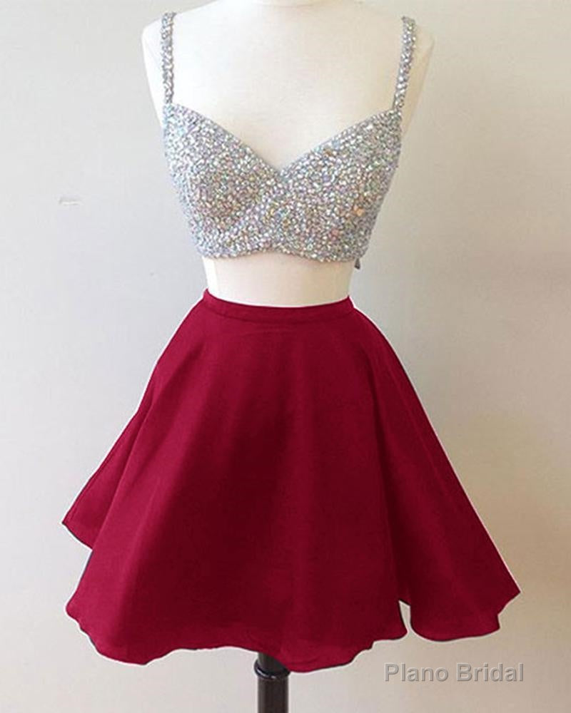 V Neck Two Pieces Sleeveless Rhinestone Sparkle A Line Pleated Chiffon Homecoming Dresses Main image