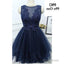 Jewel Sleeveless Appliques Beading A Line Tulle Sheer Pleated Dark Navy Homecoming Dresses