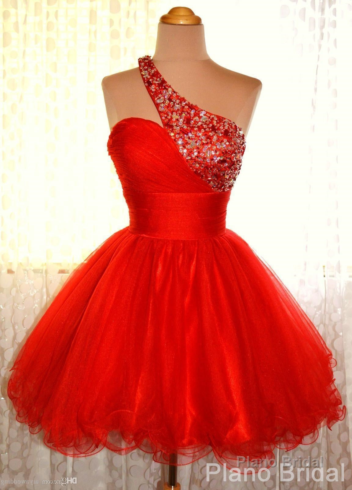 One Shoulder Red Sleeveless A Line Organza Pleated Rhinestone Homecoming Dresses Main image