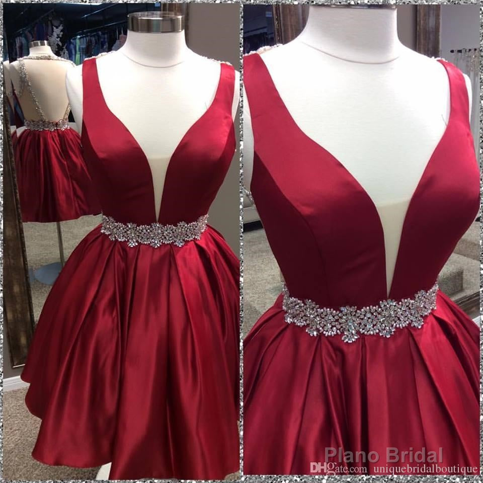 Deep V Neck Sleeveless Burgundy Pleated Satin Backless Homecoming Dresses Main image