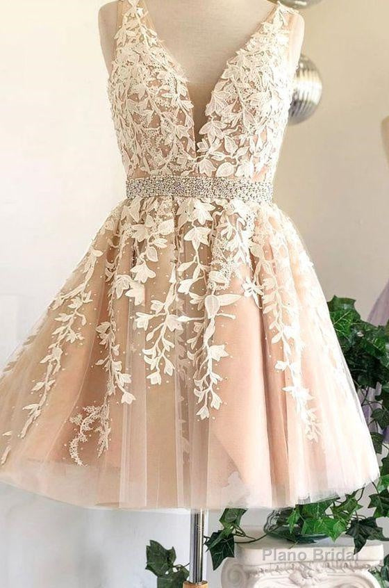 Deep V Neck Ivory Sleeveless A Line Tulle Lace Appliques Pleated Homecoming Dresses Main image