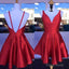 Deep V Neck Red Straps Backless Sleeveless A Line Satin Pleated Homecoming Dresses