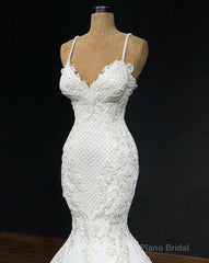 2025 Sexy Mermaid/Trumpet Spaghetti Straps Sweetheart Satin Applique Wedding Dresses