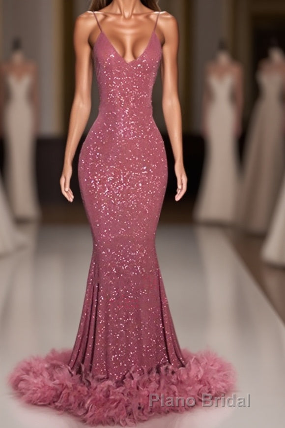 2023 Charming Mermaid Hot Pink Sequence With Feathers Halter Backless Formal Prom Dresses Main image