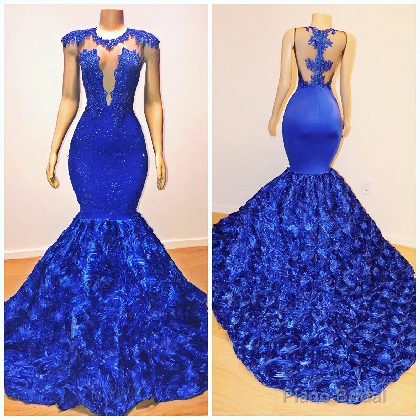 2025 Mermaid Royal Blue Open Front Rose Lace Prom Dresses Main image