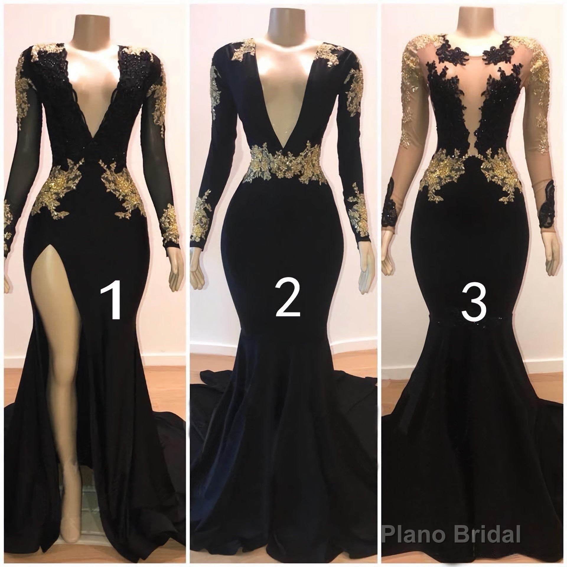 2025 Black Mermaid Long Sleeves V Neck Gold Appliques Prom Dresses