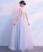 Gray Round Neck Tulle Lace Applique Long Prom Dress Gray Evening Dress
