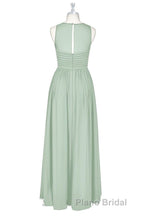 Sage Green Chiffon Sheer Neck A-Line Long Bridesmaid Dresses