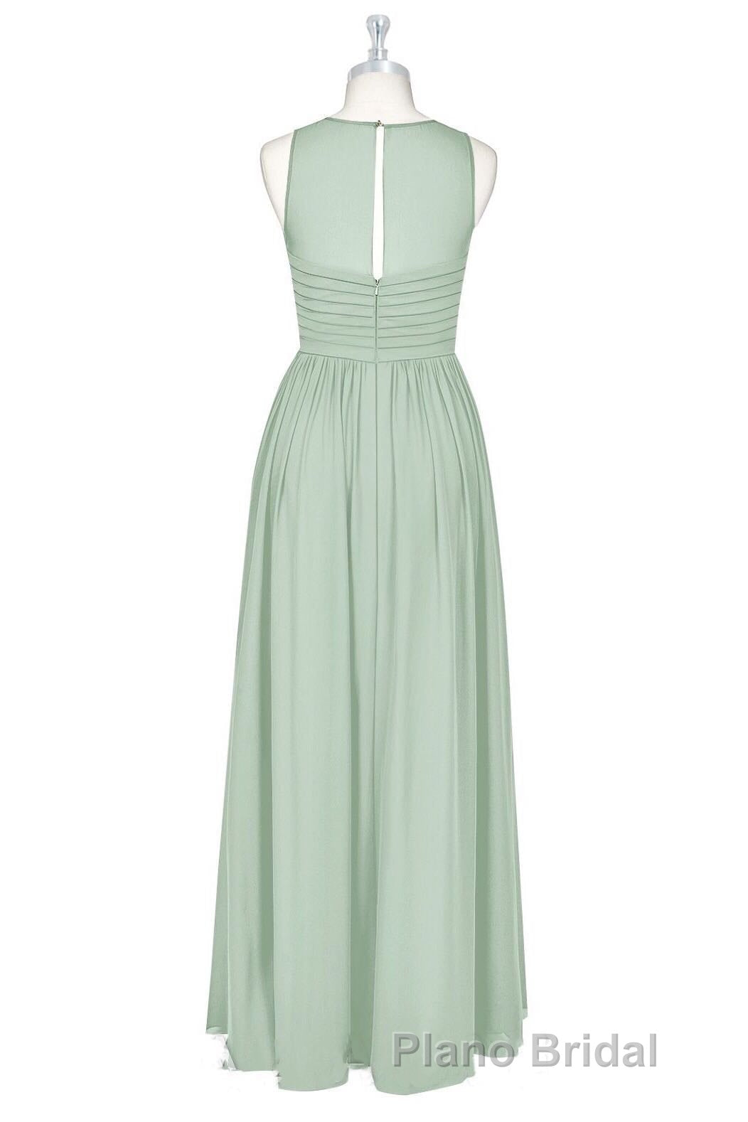 Sage Green Chiffon Sheer Neck A-Line Long Bridesmaid Dresses