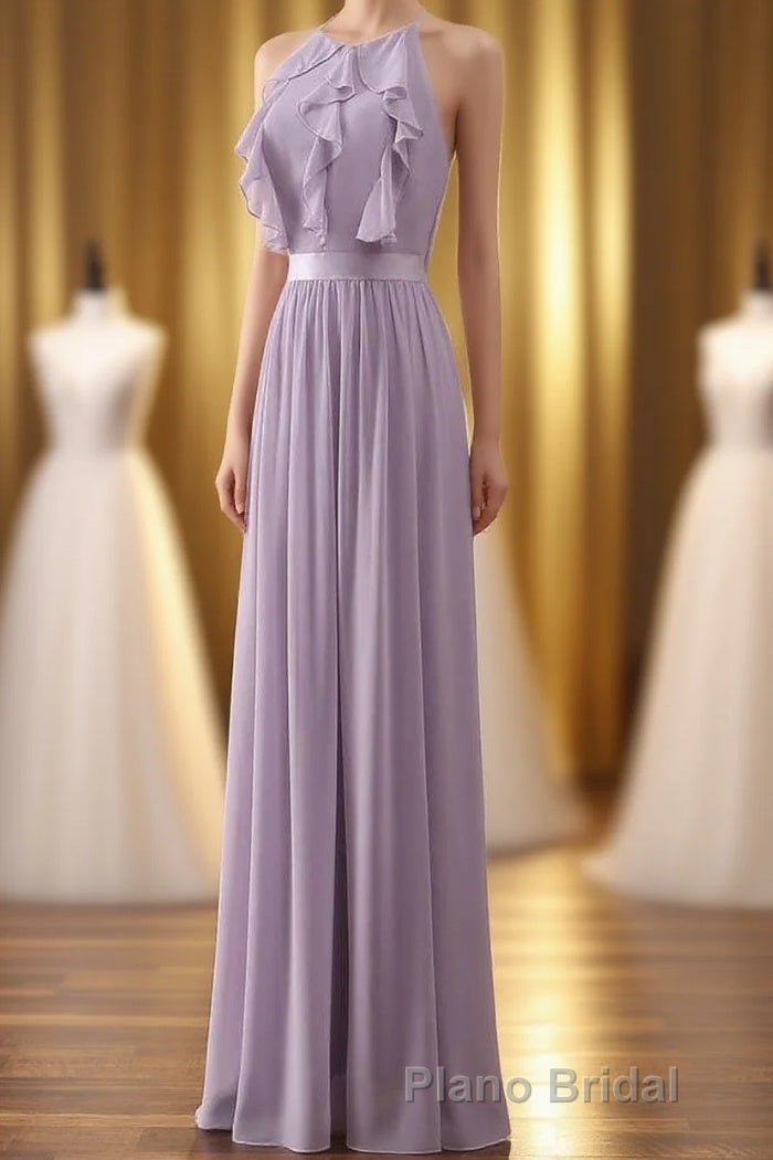 Lilac Halter Open Back Ruffled Long Bridesmaid Dresses Main image