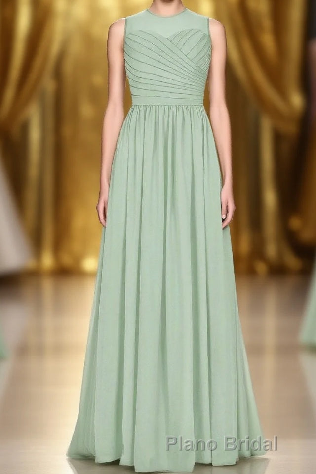 Sage Green Chiffon Sheer Neck A-Line Long Bridesmaid Dresses Main image