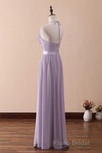 Lilac Halter Open Back Ruffled Long Bridesmaid Dresses