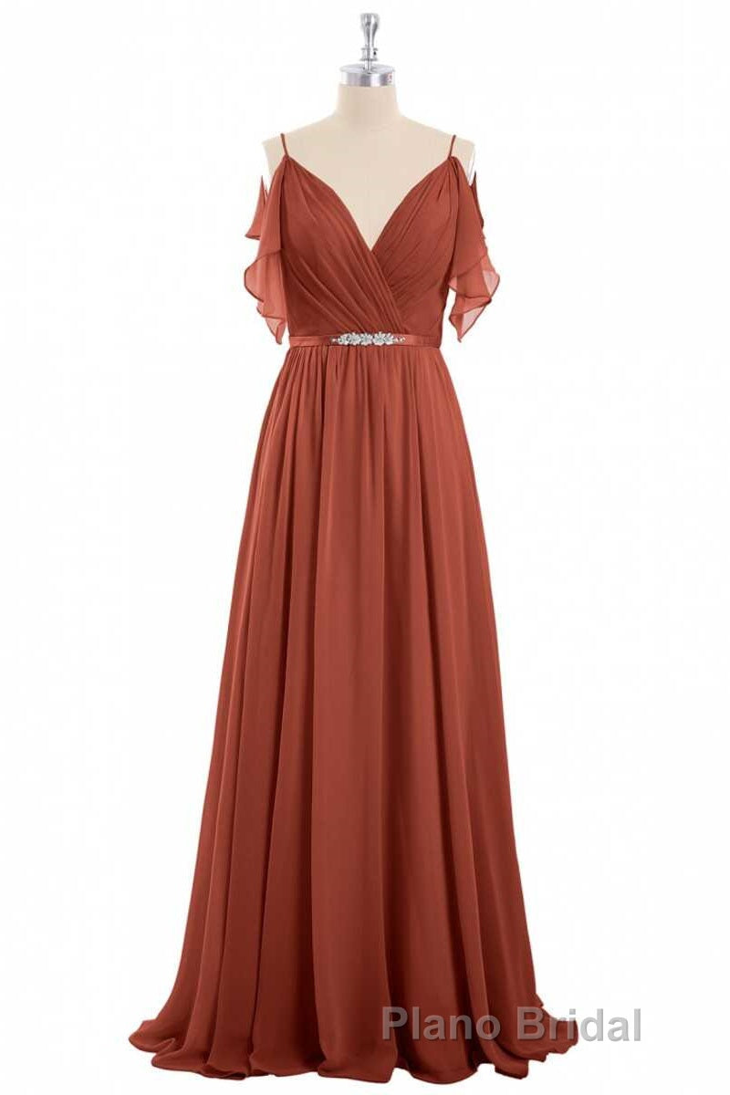 Rust Orange Chiffon Cold-Shoulder Long Bridesmaid Dresses Secondary image