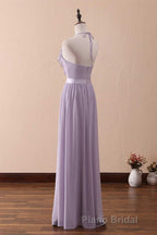 Lilac Halter Open Back Ruffled Long Bridesmaid Dresses