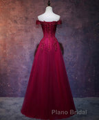 Burgundy Tulle Lace Off Shoulder Long Formal Prom Dresses, Burgundy Lace Evening Dresses