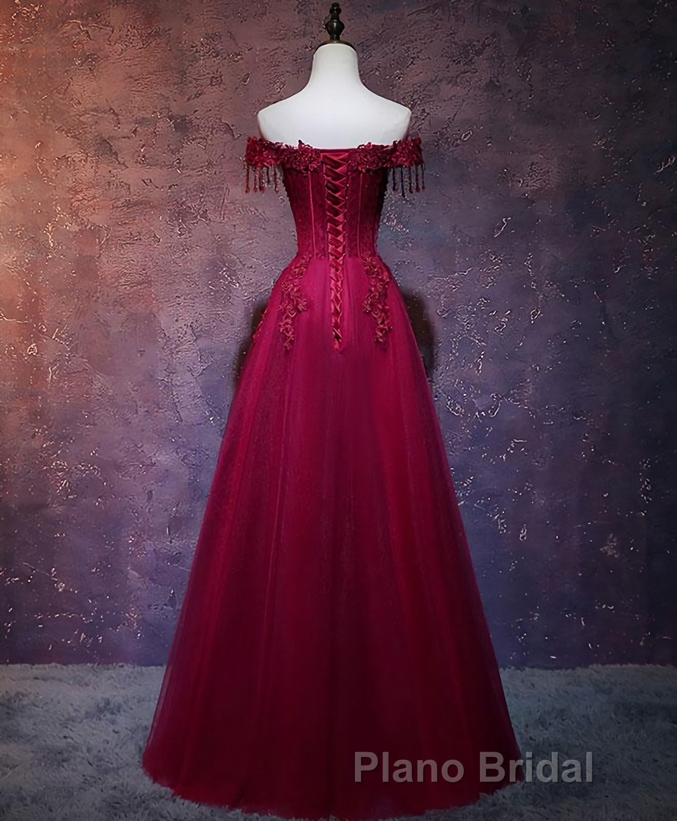 Burgundy Tulle Lace Off Shoulder Long Formal Prom Dresses, Burgundy Lace Evening Dresses