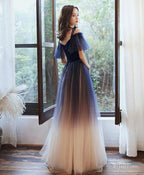 Blue Sweetheart Tulle Off Shoulder Long Prom Dress, Blue Evening Dress