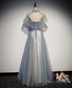 Light Blue Tulle Lace Long Prom Dress, Tulle Evening Dress