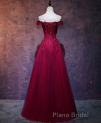 Burgundy Tulle Lace Off Shoulder Long Formal Prom Dresses, Burgundy Lace Evening Dresses