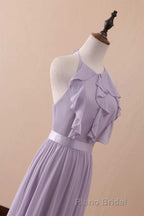 Lilac Halter Open Back Ruffled Long Bridesmaid Dresses