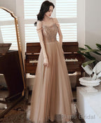 Champagne Sweetheart Tulle Sequin Long Prom Dress