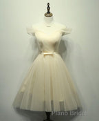 Simple V Neck Tulle Off Shoulder Short Formal Prom Dresses, Pink Homecoming Dresses