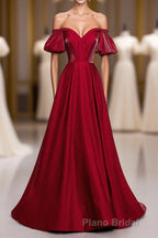 Simple Sweetheart Burgundy Satin Long Formal Prom Dresses, Burgundy Evening Dresses