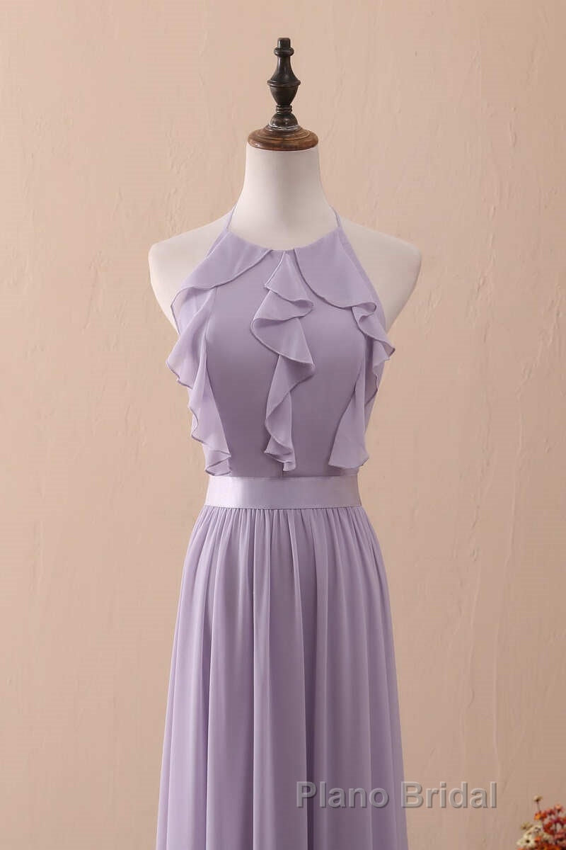 Lilac Halter Open Back Ruffled Long Bridesmaid Dresses
