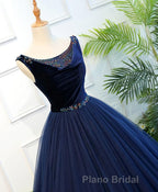 Dark Blue Tulle Long Formal Prom Dresses, Dark Blue Tulle Evening Dresses