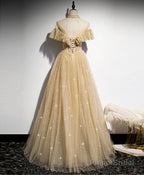 Gold Tulle Sequin Long Prom Dress, Gold Tulle Bridesmaid Dress
